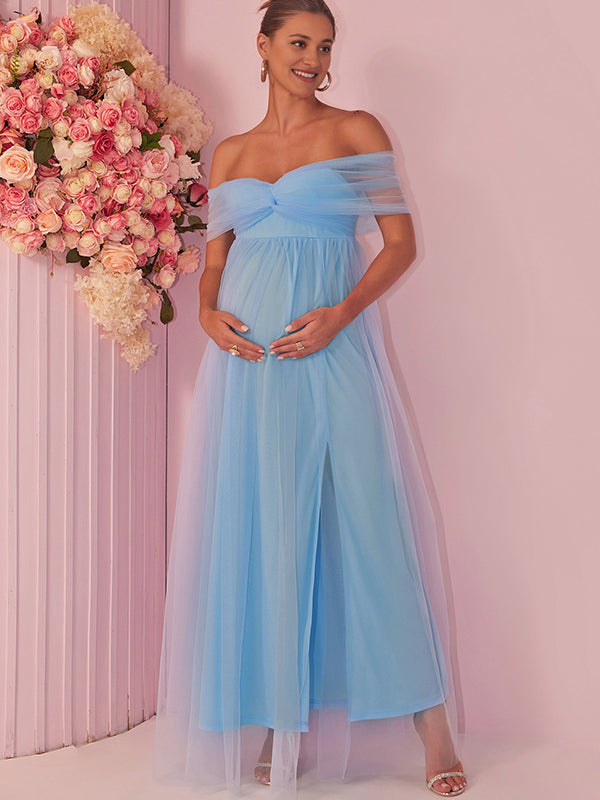 Momyknows Blue Off Shoulder Slit Grenadine Banquet Ceremony Baby Shower Maternity Photoshoot Maxi Dress