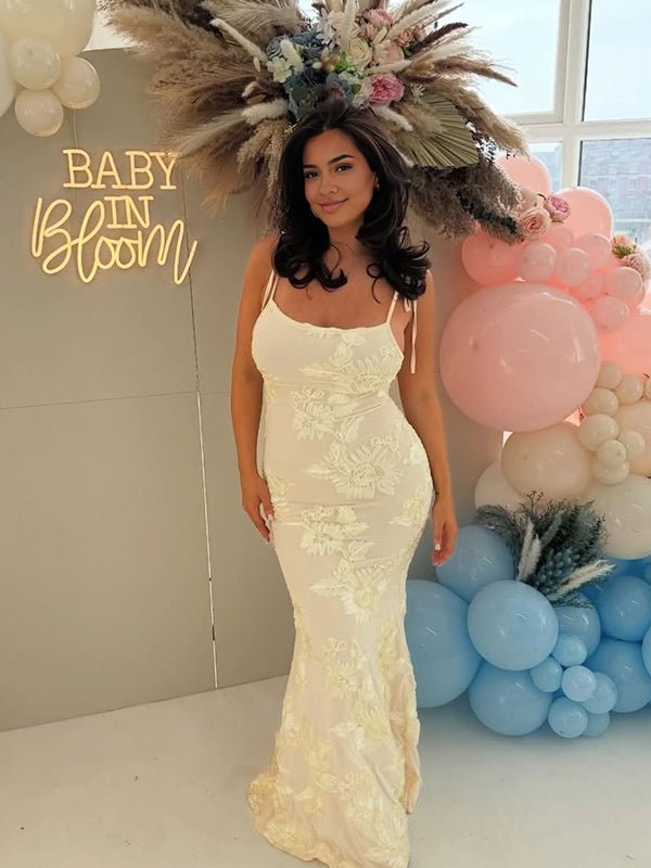 Momyknows Cream White Floral Tie Shoulder Strap Cami Elegant Maternity Baby Shower Maxi Dress, Cream / S