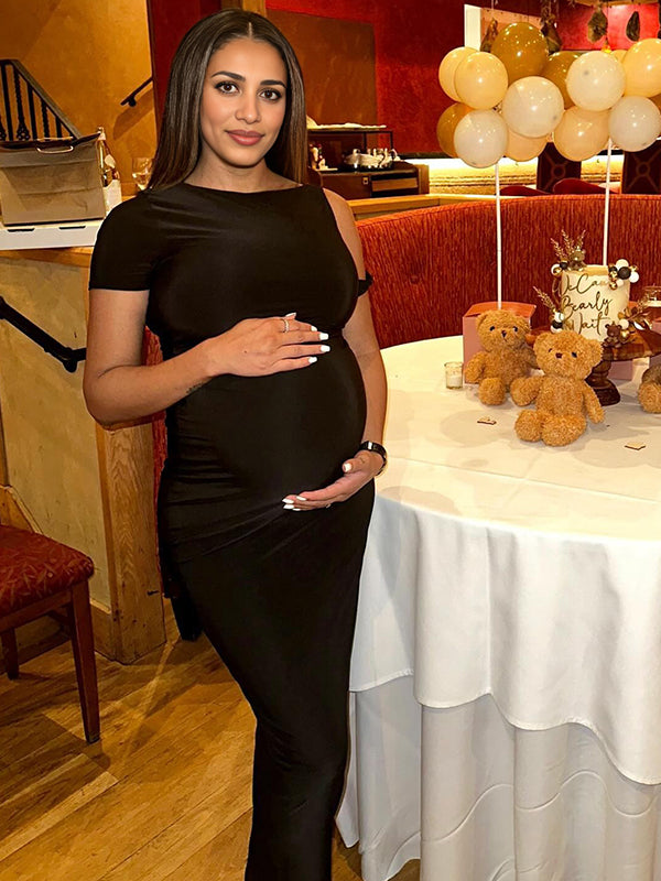 Momyknows Black One Shoulder Asymmetric Chic Maternity Baby Shower Maxi Dress