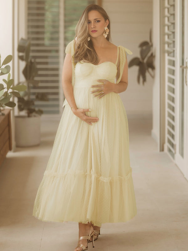 Momyknows Yellow Polka Dot Tulle Big Swing Elegant Maternity Photoshoot Maxi Dress