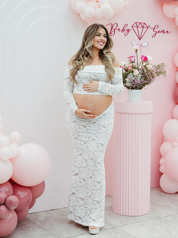 Momyknows White Lace Off Shoulder Two Piece Set Elegant Maternity Baby Shower Maxi Dress