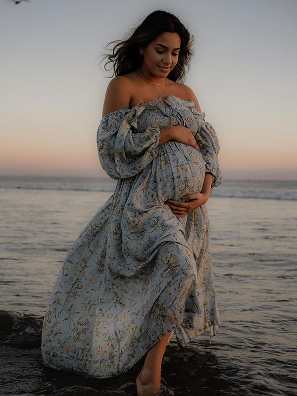 Momyknows Floral Smocked Ruffle Falbala Off Shoulder Big Swing Elegant Maternity Photoshoot Maxi Dress