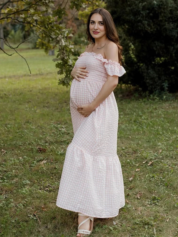 Pink Plaid Ruffle Smocked Off Shoulder Maternity Photoshoot Maxi Dress