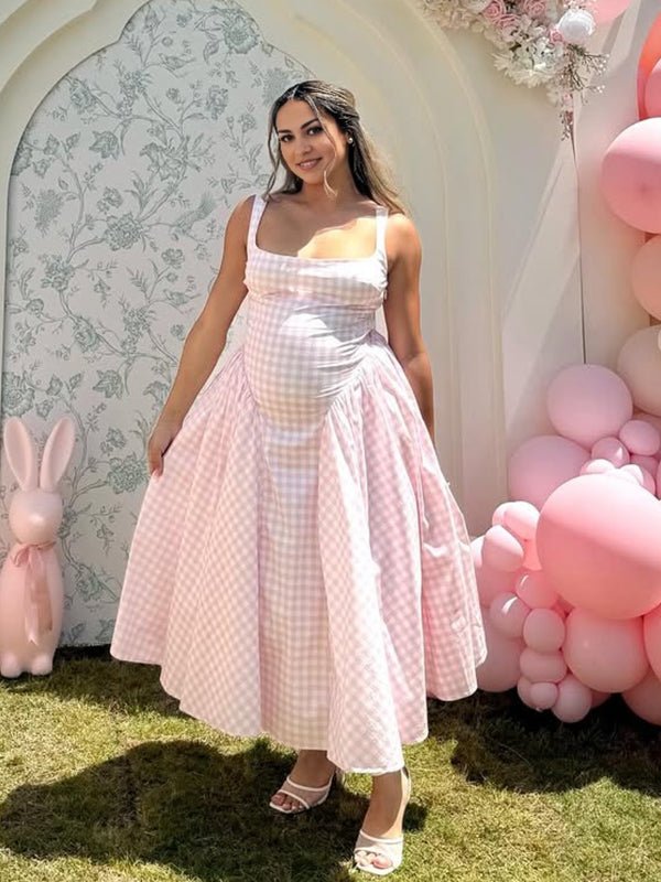 Pink Plaid Tank A-line Elegant Maternity Baby Shower Maxi Dress, Yellow / S