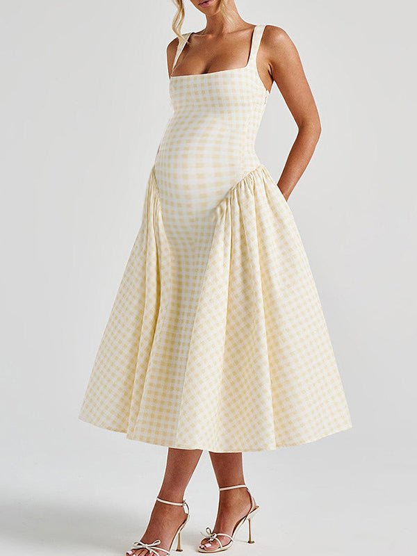 Pink Plaid Tank A-line Elegant Maternity Baby Shower Maxi Dress, Yellow / S
