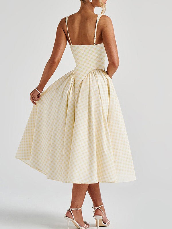 Pink Plaid Tank A-line Elegant Maternity Baby Shower Maxi Dress, Yellow / S