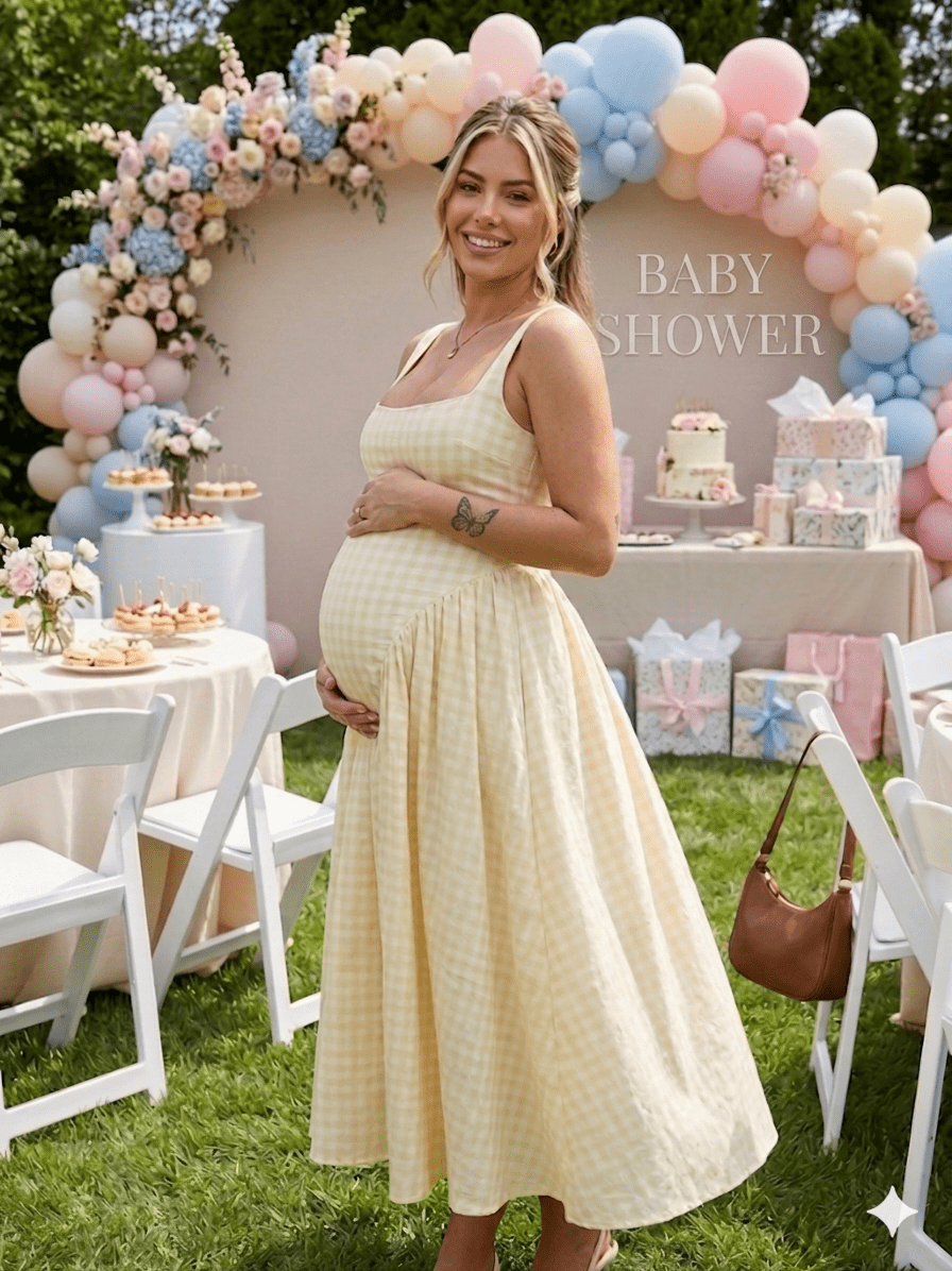 Pink Plaid Tank A-line Elegant Maternity Baby Shower Maxi Dress, Yellow / S