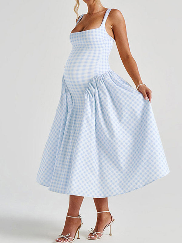 Pink Plaid Tank A-Line Elegant Maternity Baby Shower Maxi Dress Blue / M Pink Plaid Tank A-Line Elegant Maternity Baby Shower Maxi Dress Blue / M