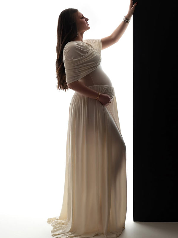 White Ruched Shawl Big Swing Elegant Maternity Photoshoot Maxi Dress