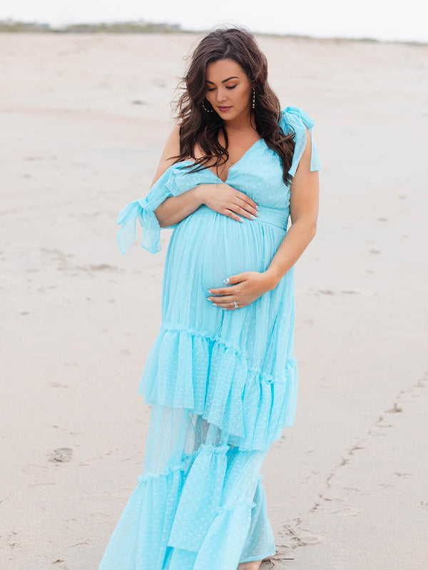 Lake Blue Lace-up Falbala Grenadine Maternity Photoshoot Maxi Dress