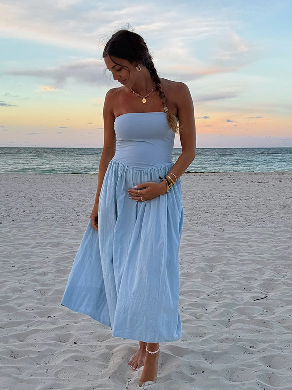 Light Blue Ruched Bodycon Maternity Photoshoot Maxi Dress