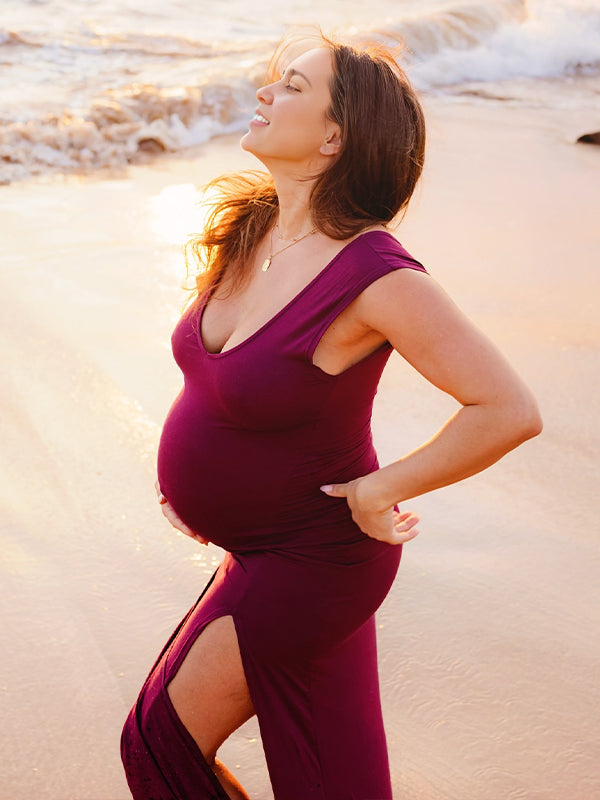 Wine Red Slit V Neck Maternity Photoshoot Maxi Dress