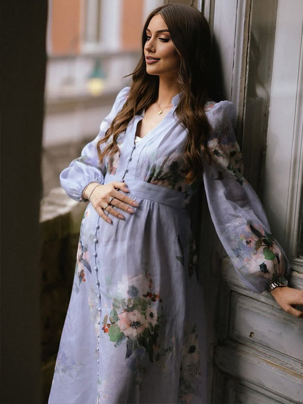 Violet Floral Single Breasted Maternity Photoshoot Maxi Dress