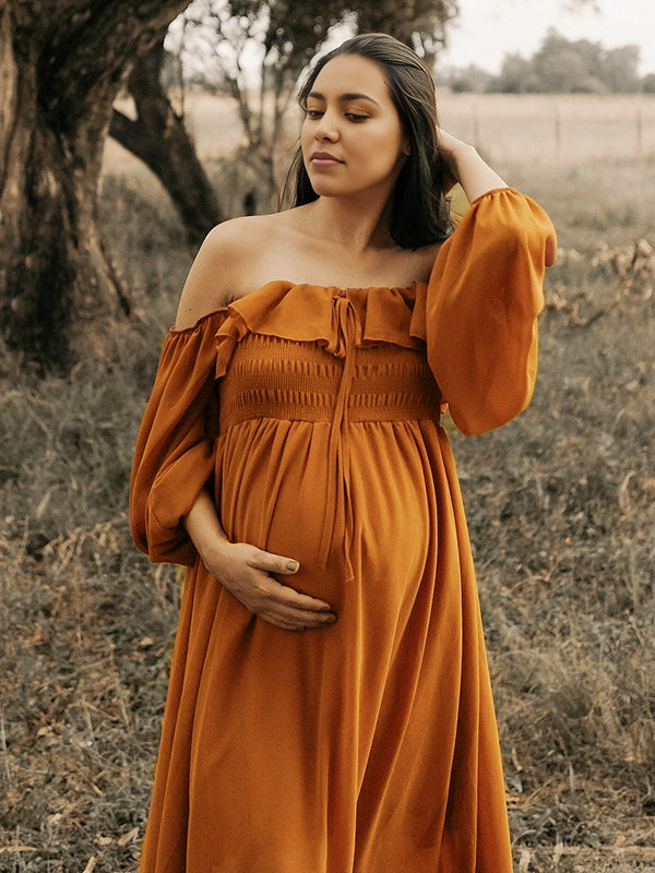 Off Shoulder Ruffle Falbala Big Swing Boho Maternity Photoshoot Dress