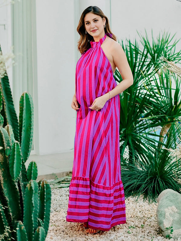 Striped Backless Big Swing Halter Neck Maternity Photoshoot Maxi Dress