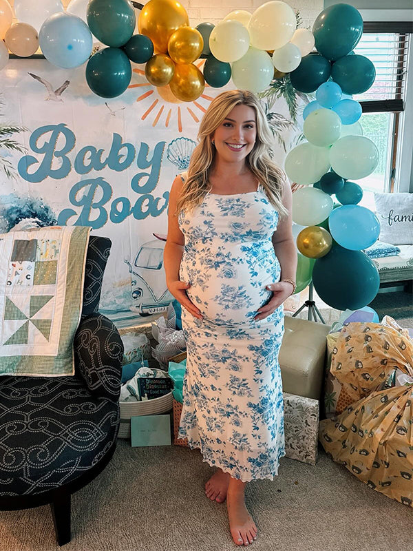 Blue Floral Rucdhed Mermaid Baby Boy Shower Maternity Maxi Dress Blue / M Blue Floral Rucdhed Mermaid Baby Boy Shower Maternity Maxi Dress Blue / M