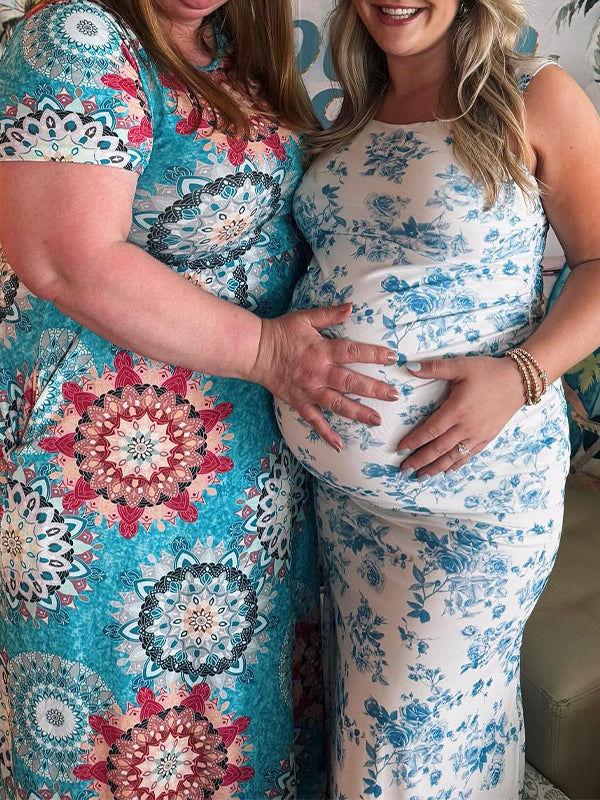Blue Floral Rucdhed Mermaid Baby Boy Shower Maternity Maxi Dress Blue / M Blue Floral Rucdhed Mermaid Baby Boy Shower Maternity Maxi Dress Blue / M