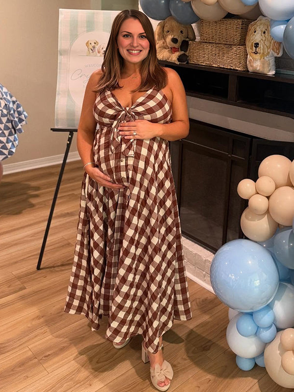 Coffee Plaid Bowknot Buttons Big Swing Cami Maternity Maxi Dress