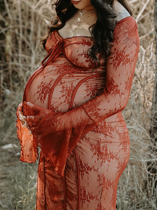 Momyknows Red Lace Ruffle Corset Square Neck Maternity Maxi Dress
