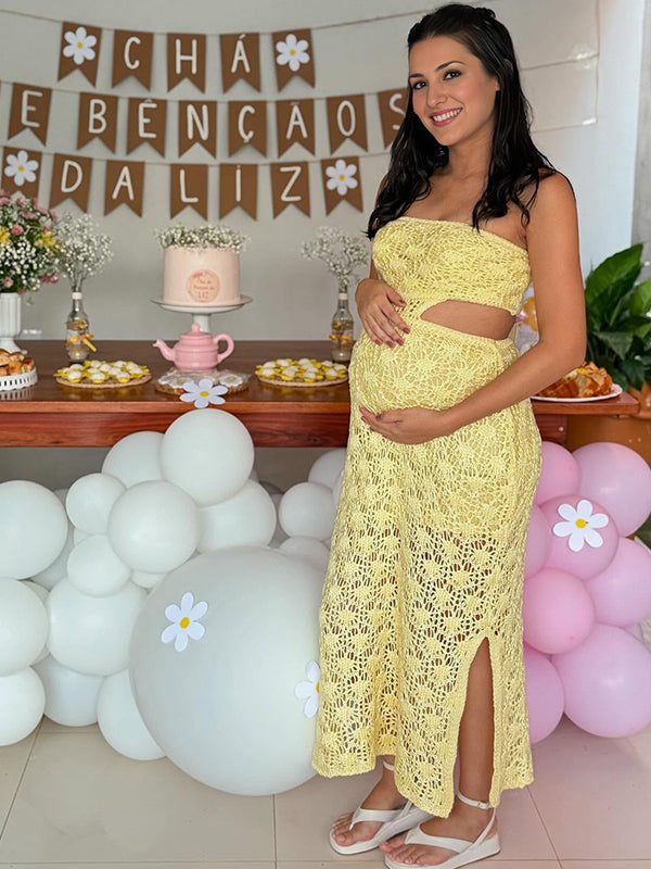 Momyknows Yellow Crochet Hollow Out Side Slit Strapless Maternity Maxi Dress