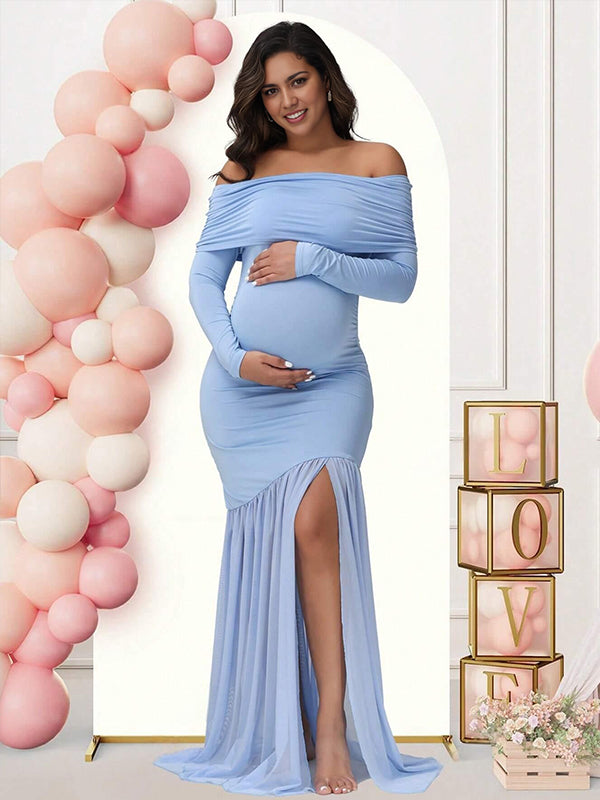 Momyknows Off Shoulder Mesh Ruched Side Slit Maternity Maxi Dress