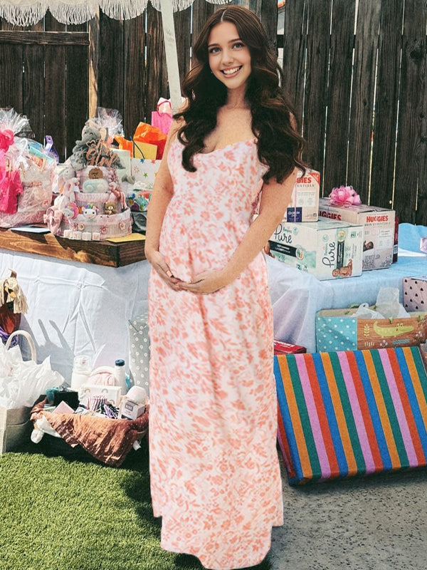 Momyknows Printed Cami Big Swing Backless Elegant Maternity Maxi Dress