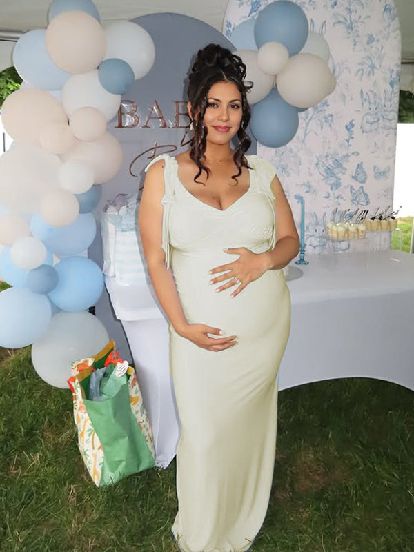Momyknows Bowknot V-neck Bodycon Elegant Maternity Maxi Dress