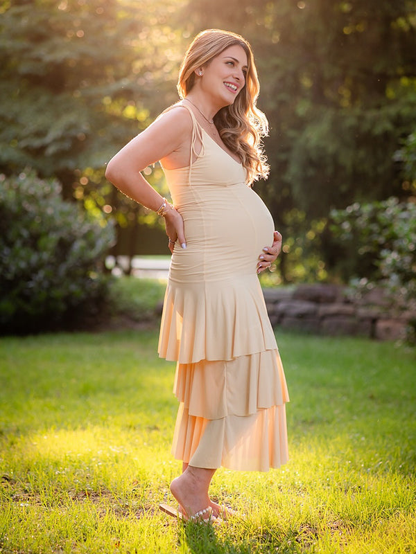 Momyknows Yellow Layered Ruffle Cami Elegant Maternity Maxi Dress