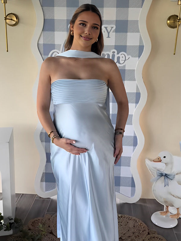 Momyknows Satin Ruched Pleated Strapless Neck Scarf Elegant Maternity Maxi Dress