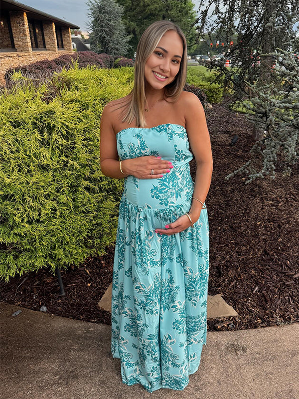 Momyknows Green Floral Bandeau Big Swing Strapless Maternity Maxi Dress