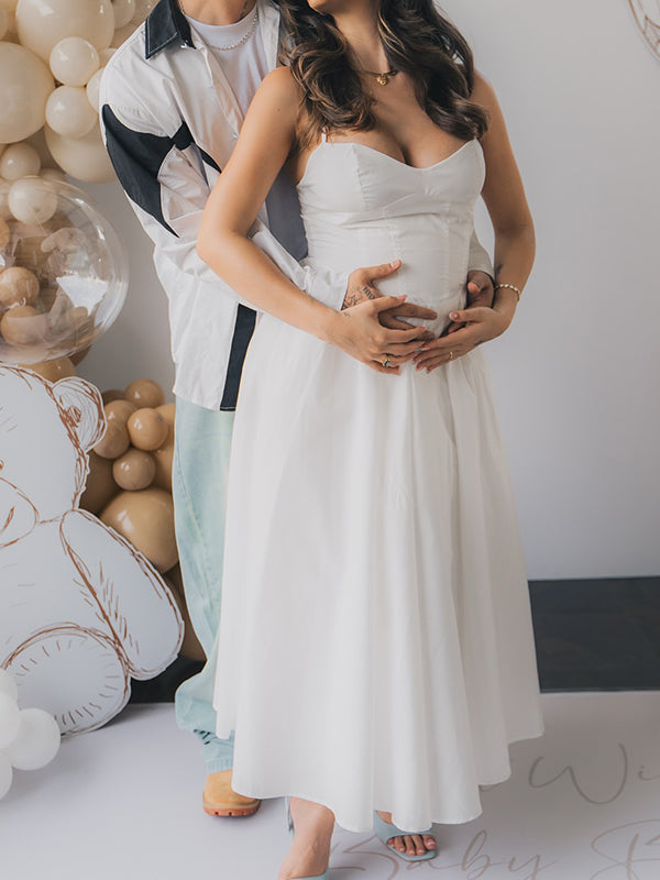 Momyknows Corseted Bodice A-line Cami Elegant Maternity Maxi Dress