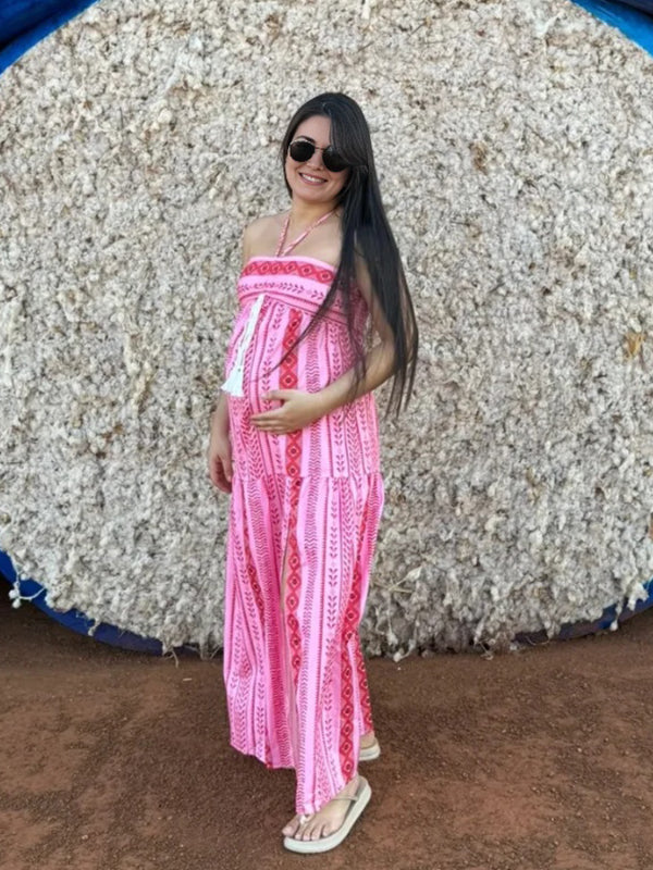 Momyknows Pink Stamp Duty Halter Neck Maternity Photoshoot Maxi Dress