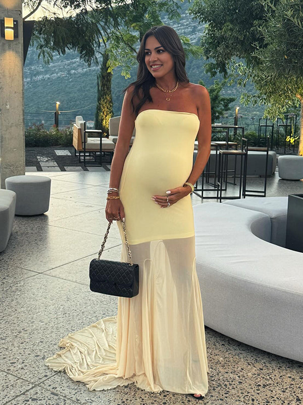 Momyknows Yellow High Waisted Grenadine Maternity Photoshoot Maxi Dress