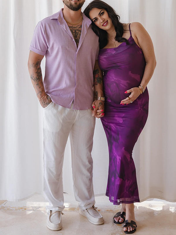 Momyknows Purple Stamp Duty Spaghetti Strap Maternity Photoshoot Maxi Dress