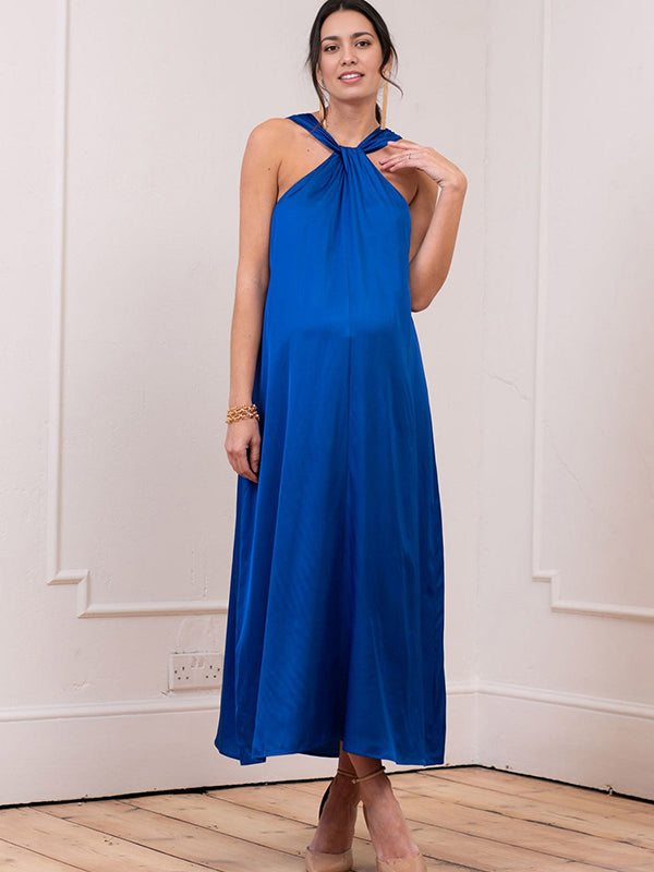 Momyknows Blue Halter Neck Lace-up Maternity Photoshoot Maxi Dress