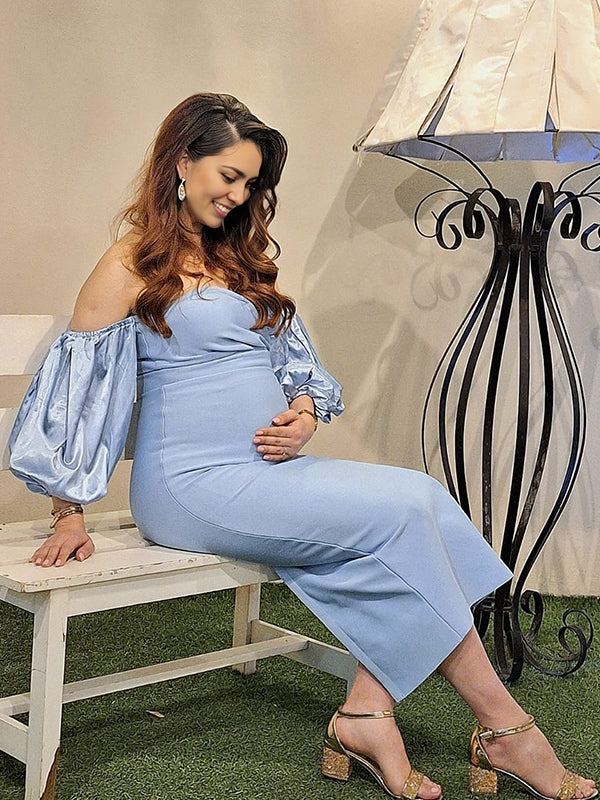 Momyknows Blue Off Shoulder Puff Sleeve Maternity Photoshoot Maxi Dress