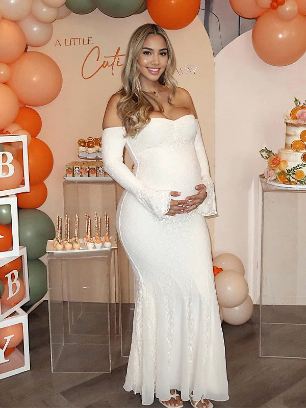 Momyknows Lace Off Shoulder Mermaid Baby Shower Maternity Maxi Dress White / L Momyknows Lace Off Shoulder Mermaid Baby Shower Maternity Maxi Dress White / L