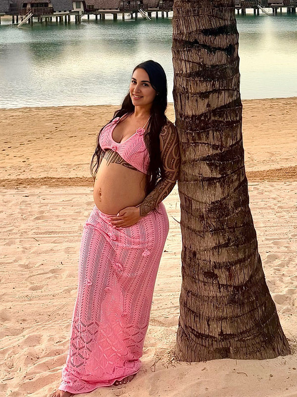 Momyknows Pink 2 Pieces Knit 3D Flowers Photoshoot Maternity Maxi Dress
