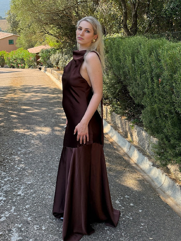 Momyknows Coffee Silk Backless Mermaid Maternity Maxi Dress