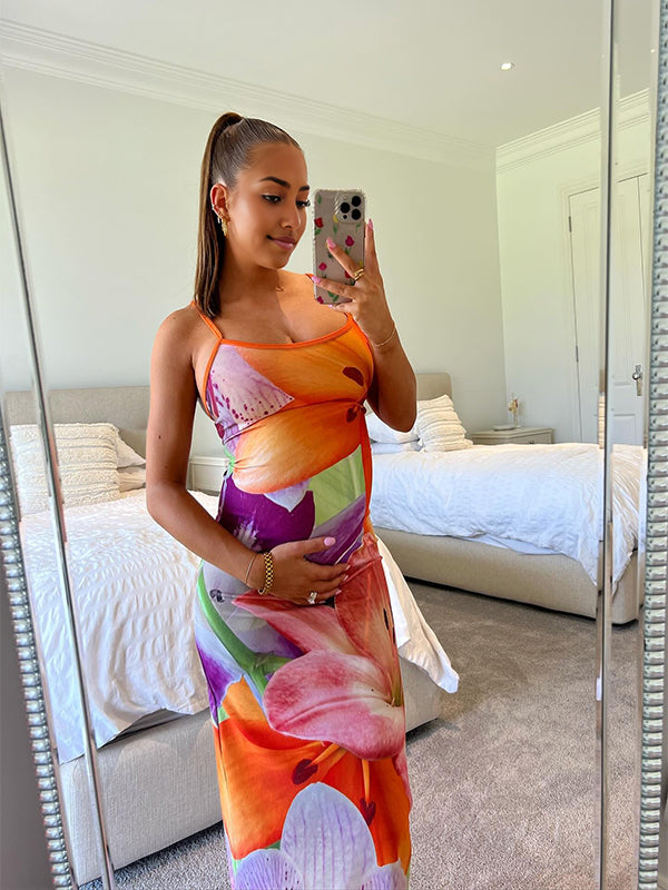 Momyknows Flower Color Spaghetti Straps Bodysuit Vacation Maternity Maxi Dress
