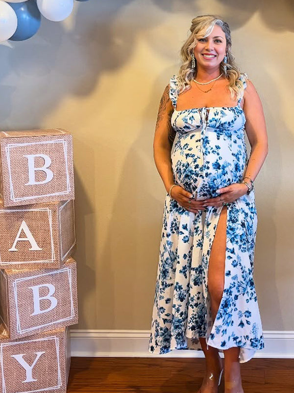 Momyknows Spaghetti Strap Stamp Duty Side Slit Maternity Baby Shower Maxi Dress