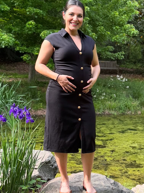 Momyknows Black Turndown Collar Ruffle Daily Maternity Maxi Dress