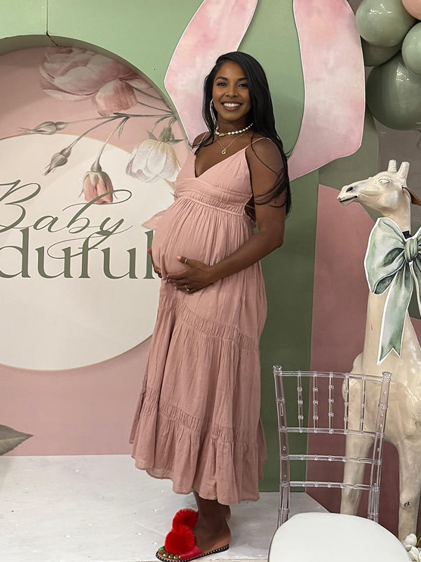 Momyknows Pink Spaghetti Strap Ruched Maternity Baby Shower Maxi Dress