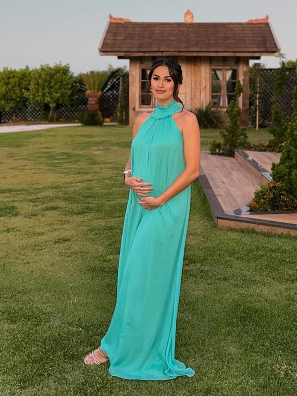 Momyknows Halter Neck High Neck Lace-up Maternity Photoshoot Maxi Dress