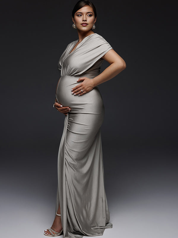 Momyknows Silver Ruched Side Slit Maternity Photoshoot Maxi Dress
