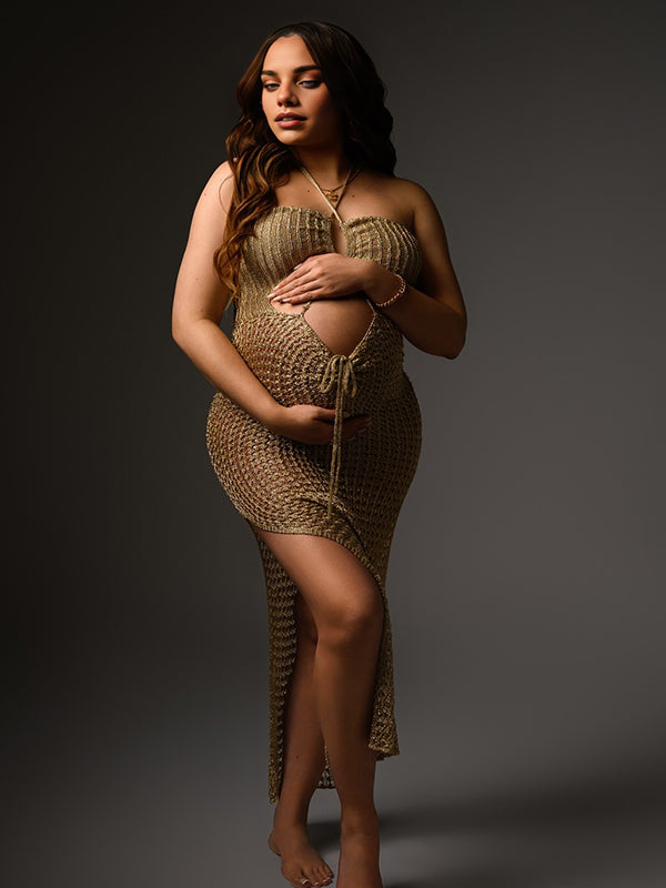 Momyknows Khaki Halter Neck Side Slit Lace-up Maternity Photoshoot Maxi Dress