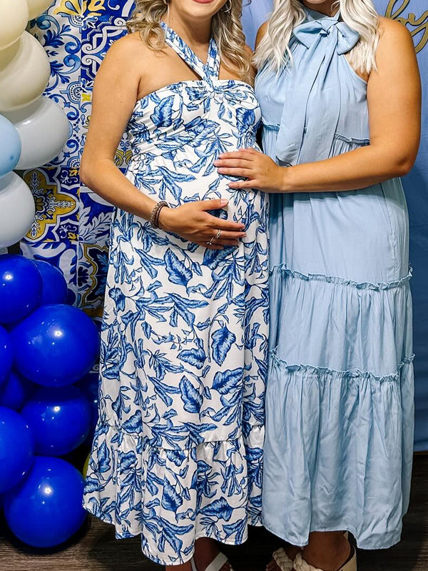 Momyknows Halter Neck Stamp Duty Maternity Baby Shower Maxi Dress