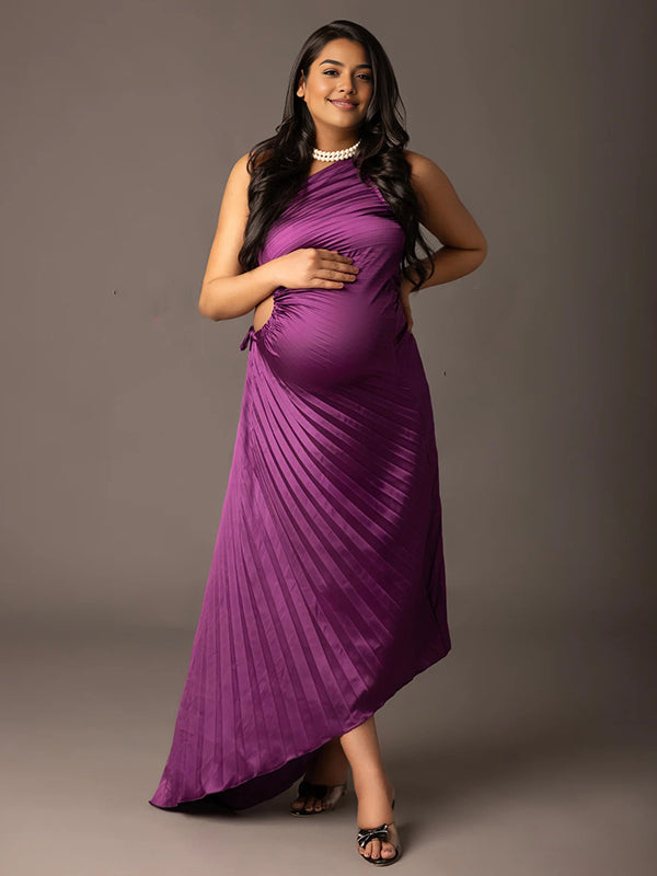 Momyknows Purple Irregular One Shoulder Cut Out Pleated Maternity Maxi Dress
