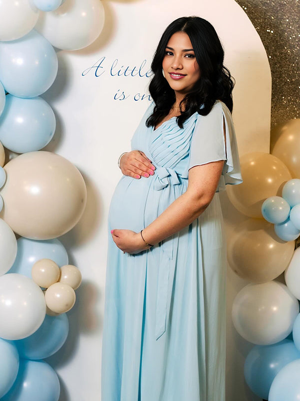 Momyknows Blue Ruffle Pleated Belt Big Swing Elegant Maternity Maxi Dress