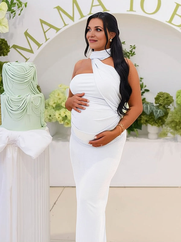 Momyknows Ruched One Shoulder Draped Back Slit Elegant Maternity Maxi Dress